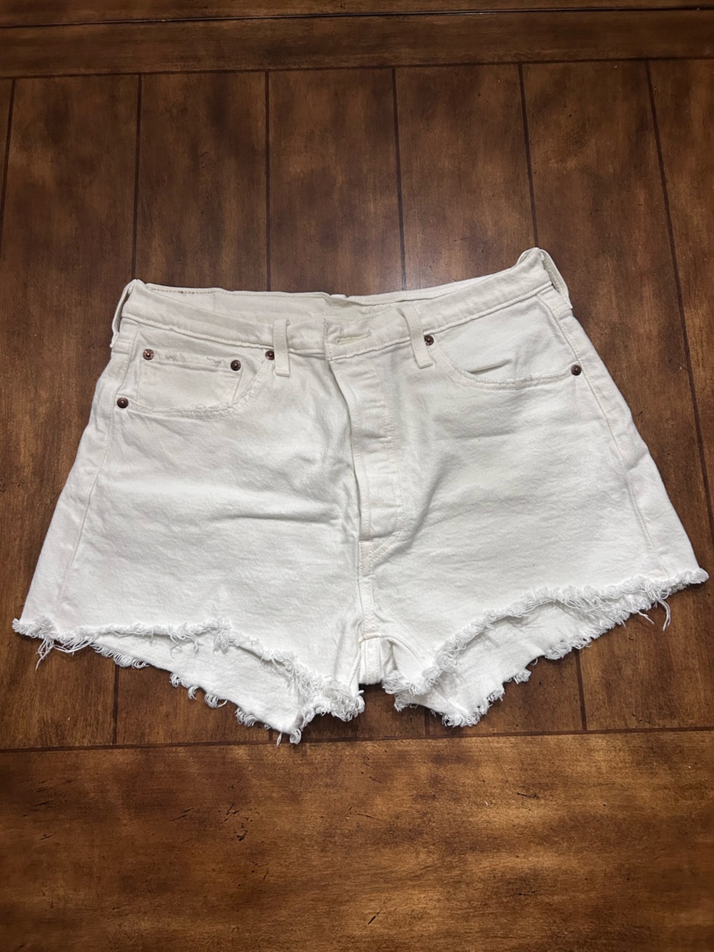 Levi's White Frayed Hem High-Rise Denim Shorts